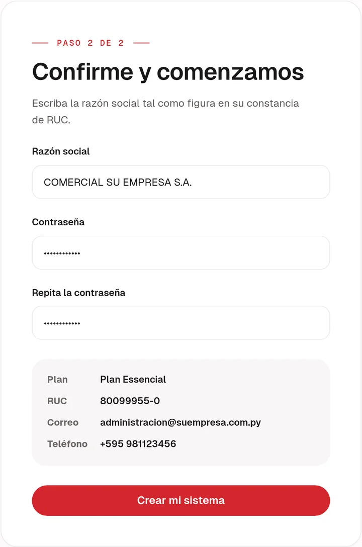 Resumen del alta con la razón social, el plan, el RUC, el correo y el teléfono