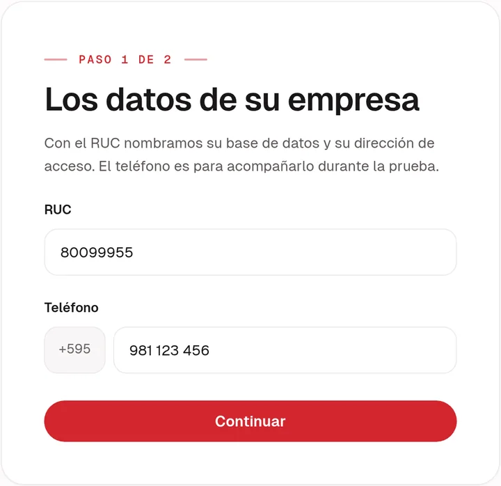 Formulario con el RUC y el teléfono de la empresa