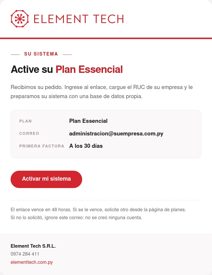 Correo de activación con el plan, el correo y la primera factura