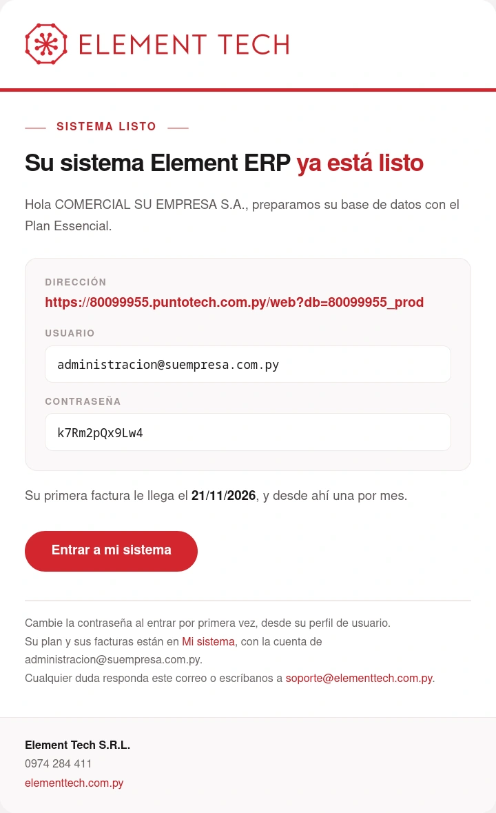 Correo con la dirección del sistema, el usuario y la contraseña