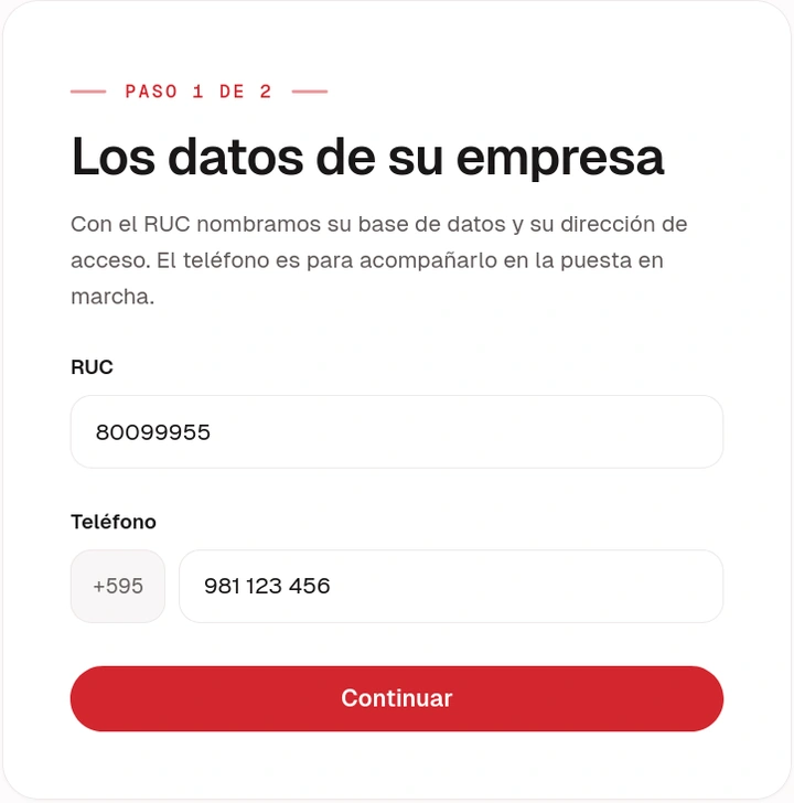 Formulario con el RUC y el teléfono de la empresa
