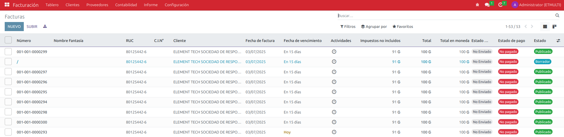Listado de facturas mostrando la factura creada vía API