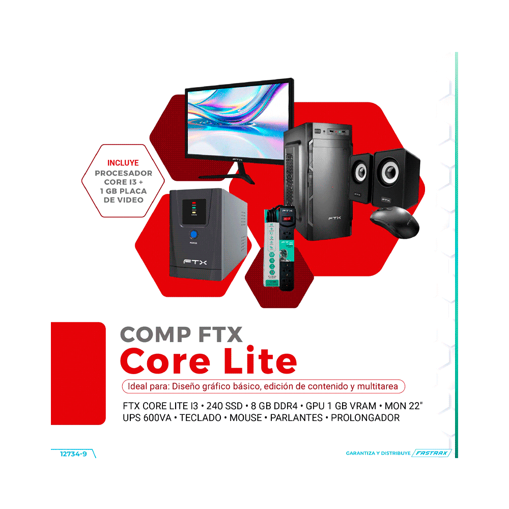 COMP FTX CORE LITE I3/240/8/1GVGA+MON 22"+UPS 600+TECLADO+MOU+SPK+FIL